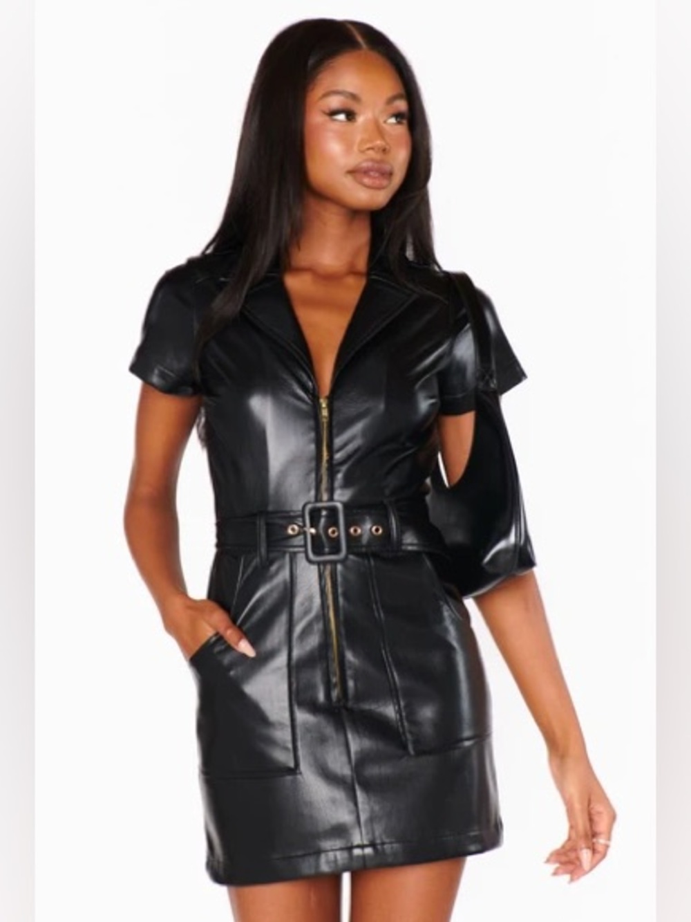Show Me Your MuMu Black Faux Leather Belted Mini Dress